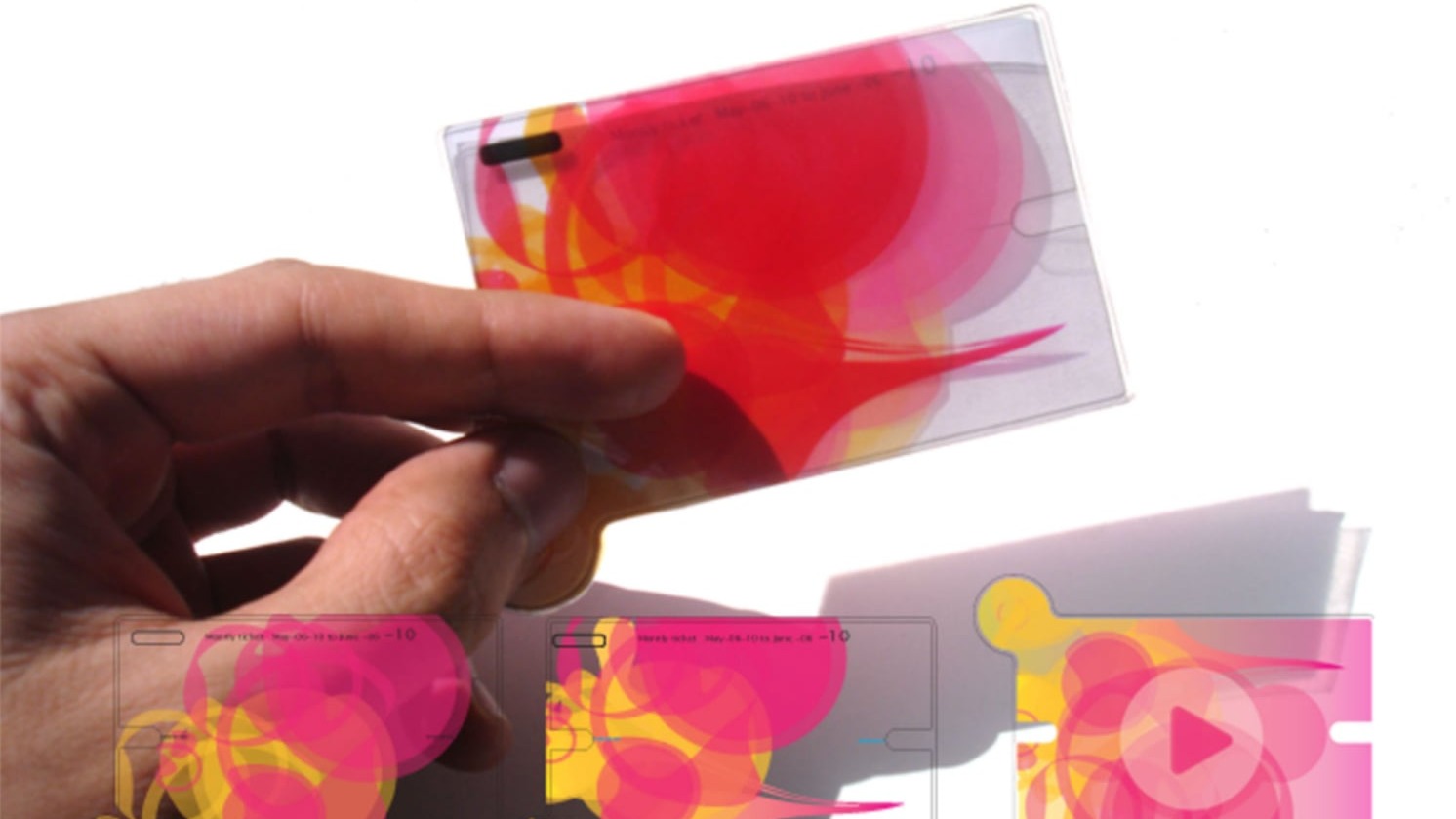 Pink and orange generative pass — held in hand with UI states below