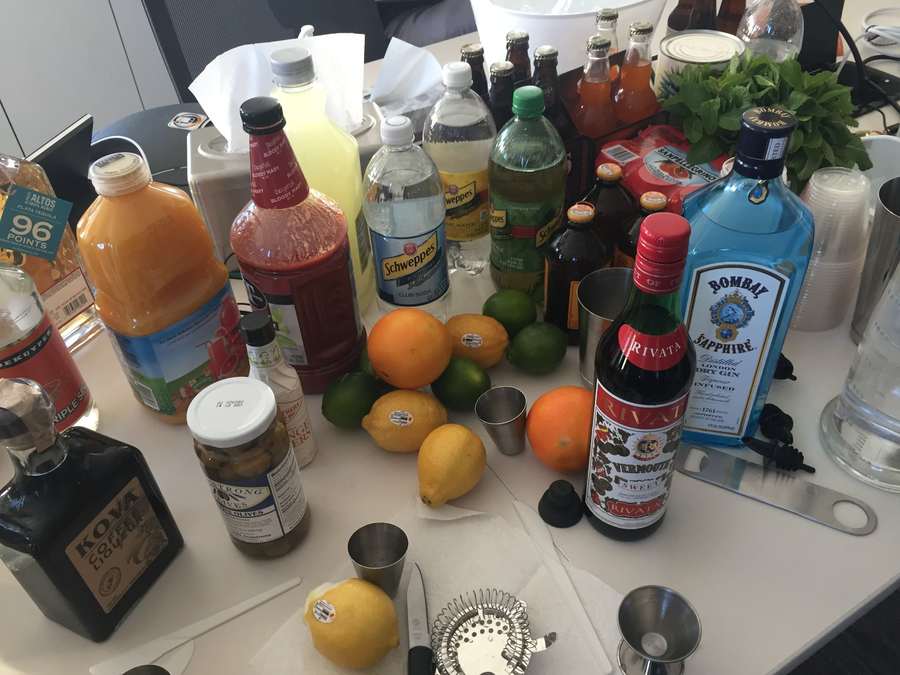 Full cocktail ingredient spread for testing session