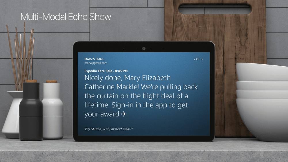 Echo Show displaying Mary's email from Expedia