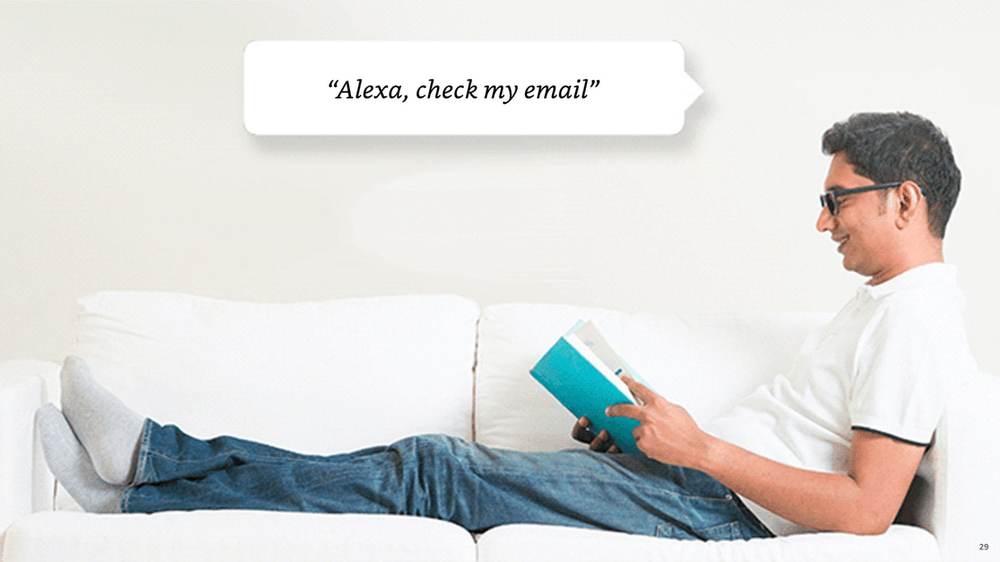 Person on sofa asking Alexa to check email
