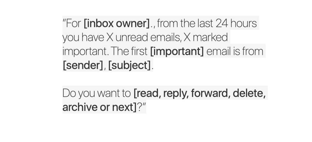 Response pattern template showing inbox owner, unread count, and important emails