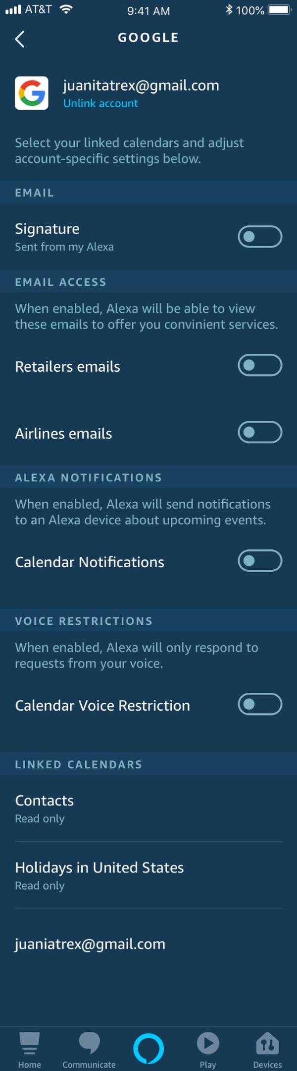 Account-specific settings with all toggles