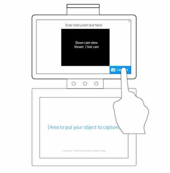 HP Sprout system diagram — screen above, touch mat below, overhead camera unit