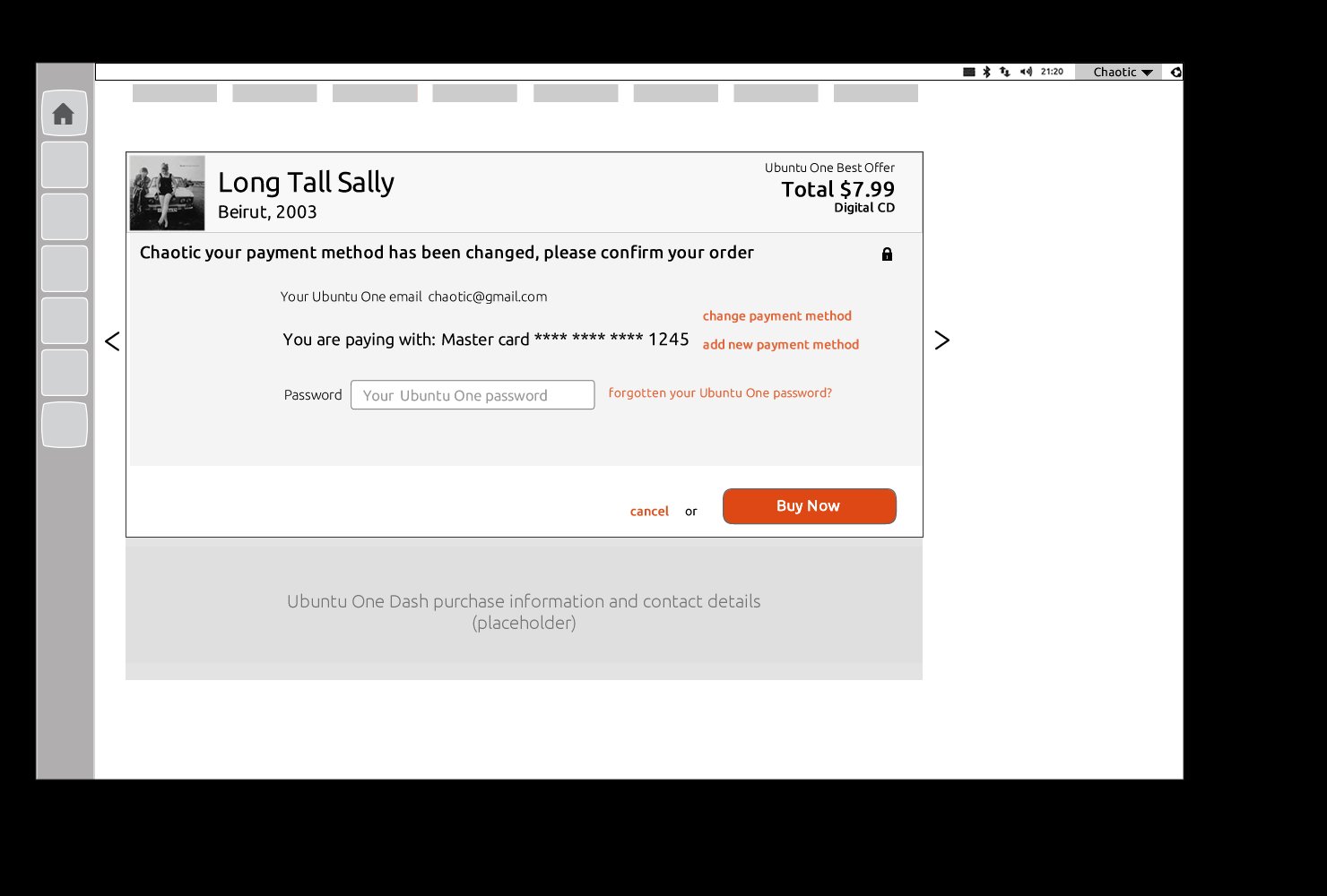 Payment confirmation — Ubuntu One checkout with Mastercard, password entry and Buy Now