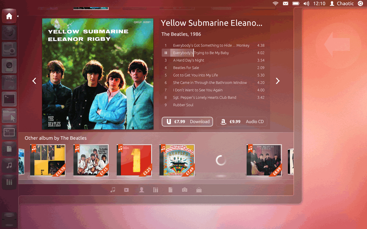 The Beatles' Yellow Submarine album in the Ubuntu Dash Music scope