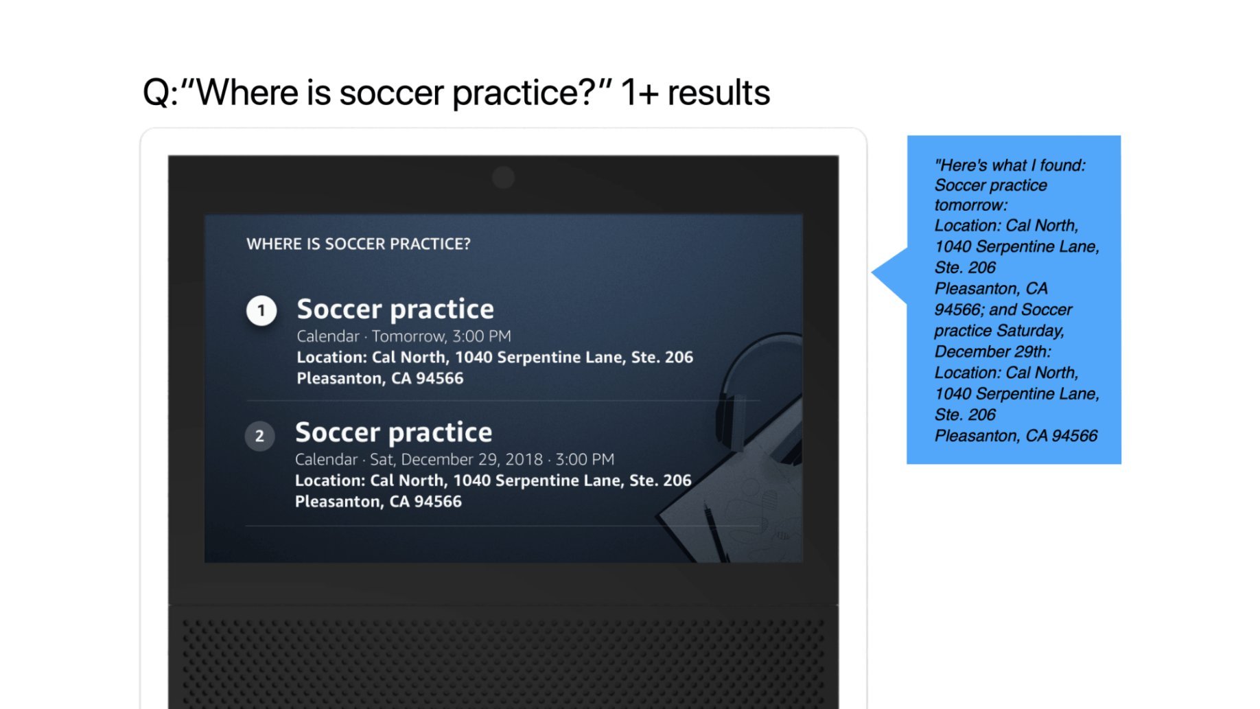 Response Pattern — Multiple results: "Where is soccer practice?"