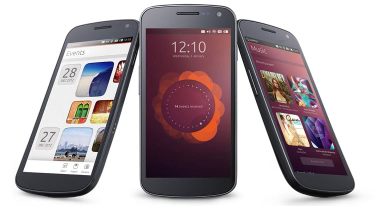 Ubuntu Phone — three devices showing the OS