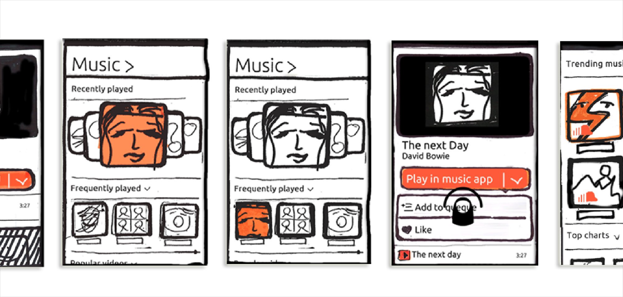 Music Scope early sketches — recently played, tap interaction, play in music app