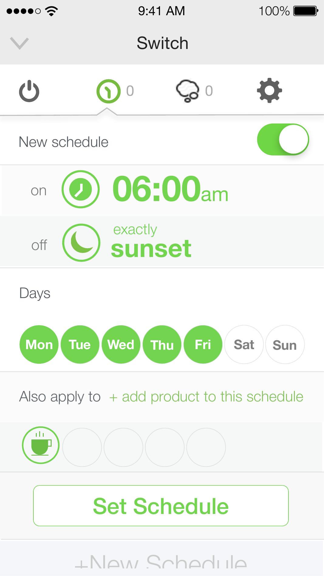 Schedule overview — on at 06:00am, off at sunset, Mon–Fri, apply to other devices