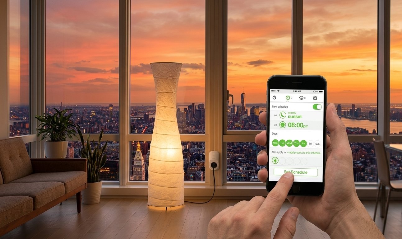 WeMo smart home lifestyle — scheduling a lamp at sunset over New York City