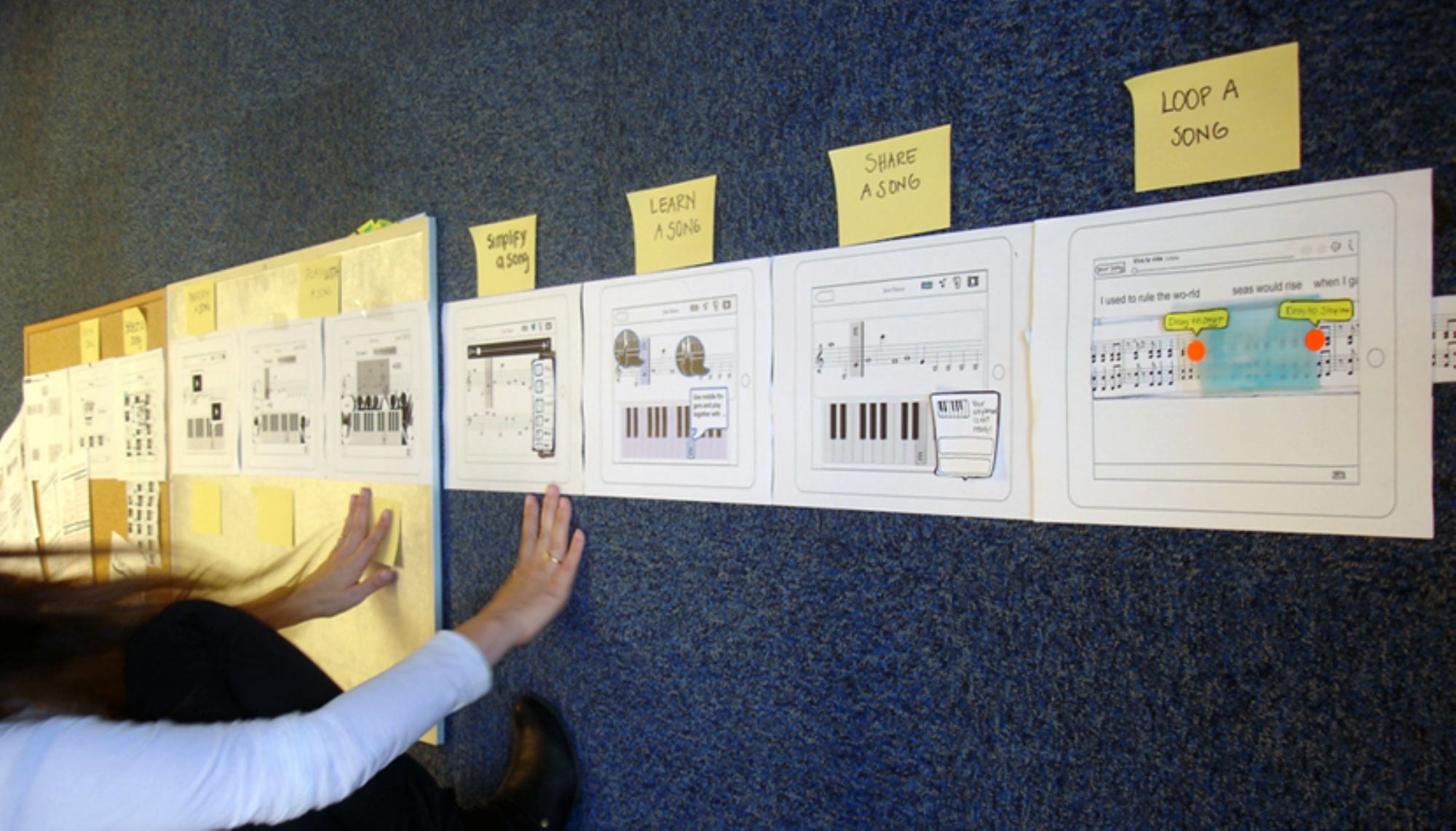 User journey mapping wall — Simplify, Learn, Share, Loop a Song