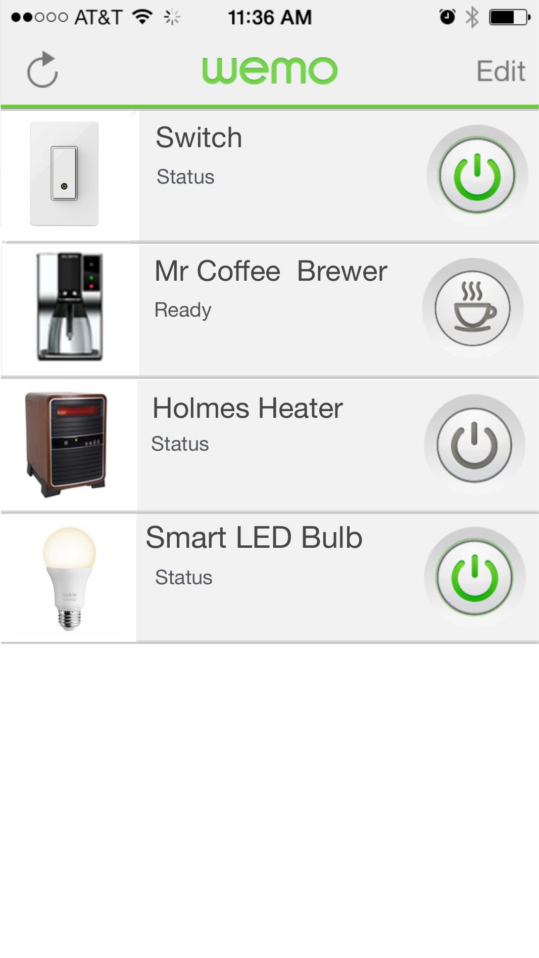 WeMo device list — Switch, Mr Coffee Brewer, Holmes Heater, Smart LED Bulb