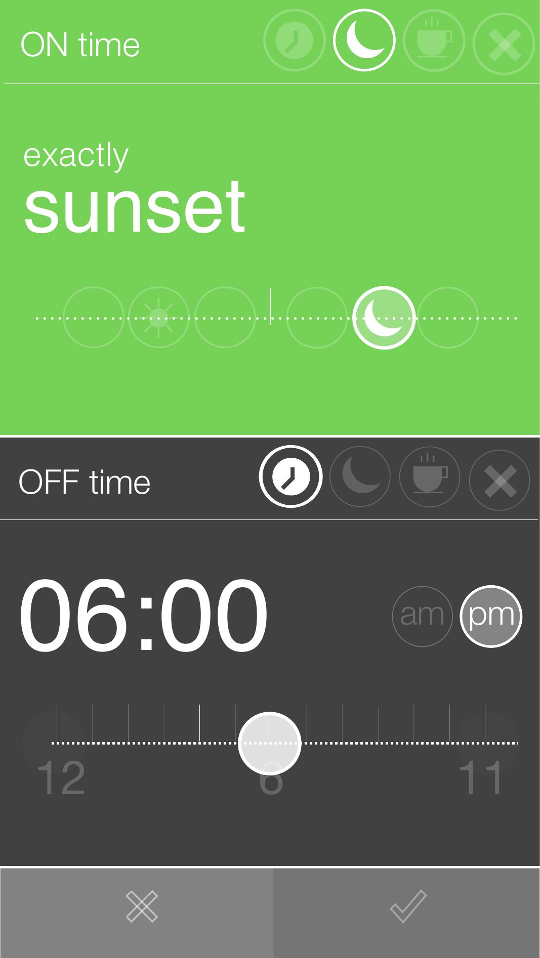 Time picker — sunset mode on top, clock slider on bottom