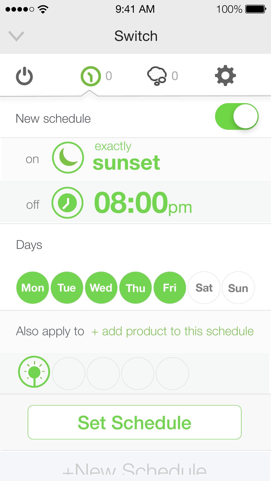 Schedule — on at sunset, off at 08:00pm, weekdays