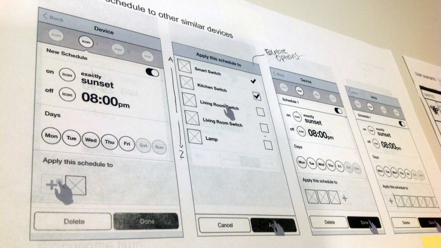 Close-up wireframe: schedule settings with sunset trigger and day selection