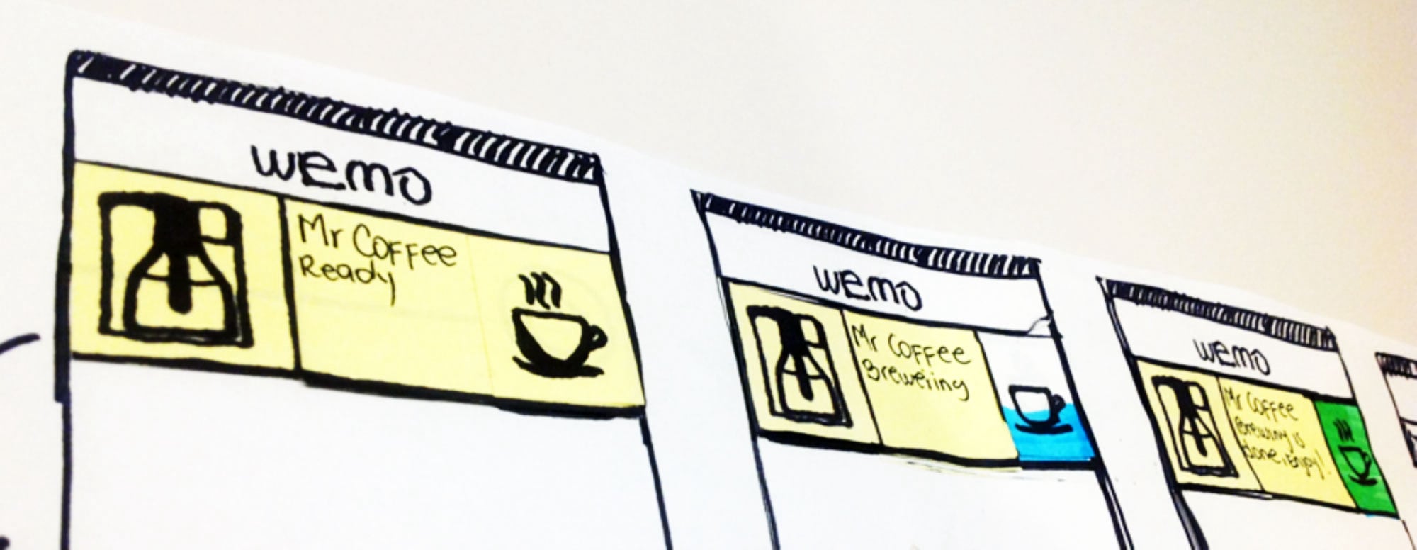 Paper prototype sketches — WeMo app states for Mr. Coffee device